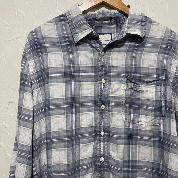American Eagle “Super Soft” blue plaid hemp blend button-up shirt (large tall) - Picture 2 of 4